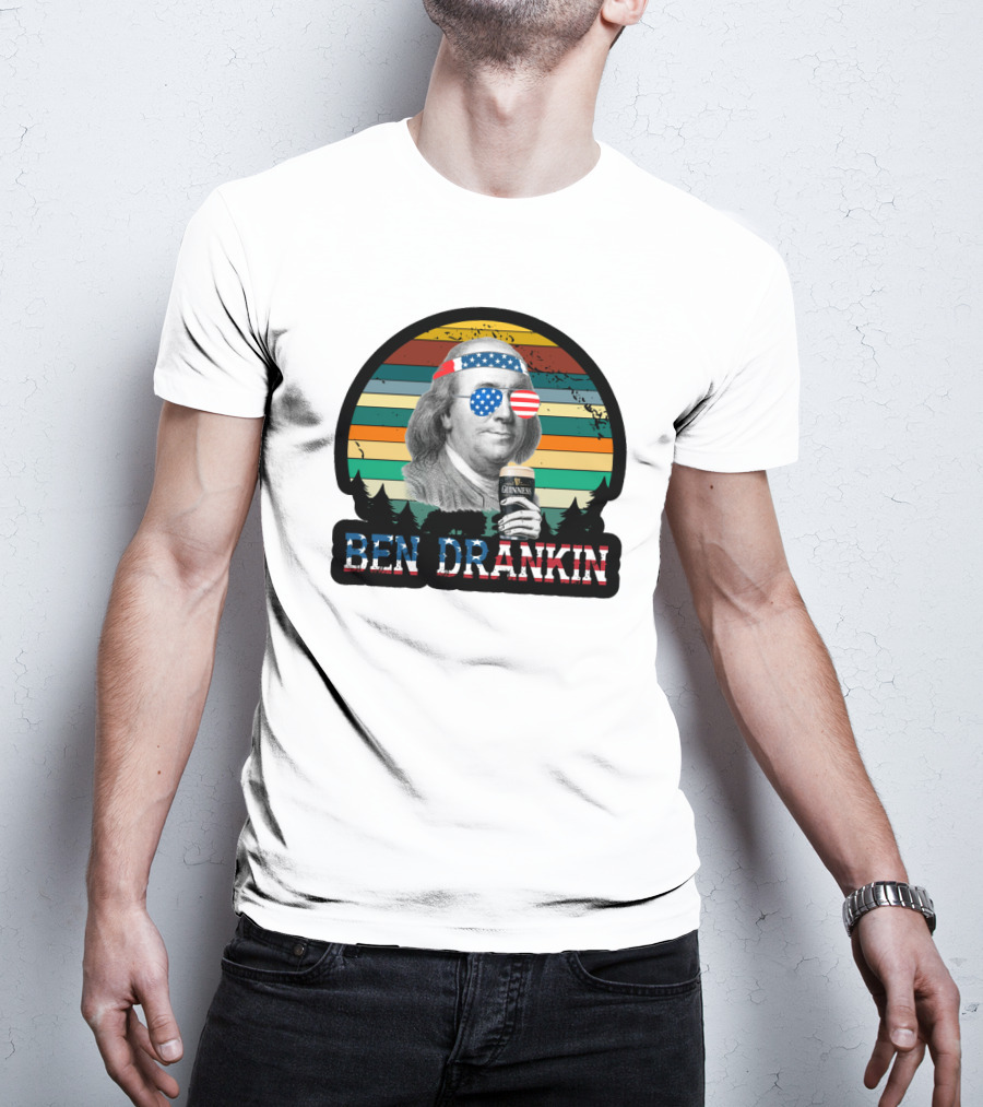 Ben Drankin American Patriotic Sunglasses Benjamin Franklin With Beer And Stripes T-Shirt