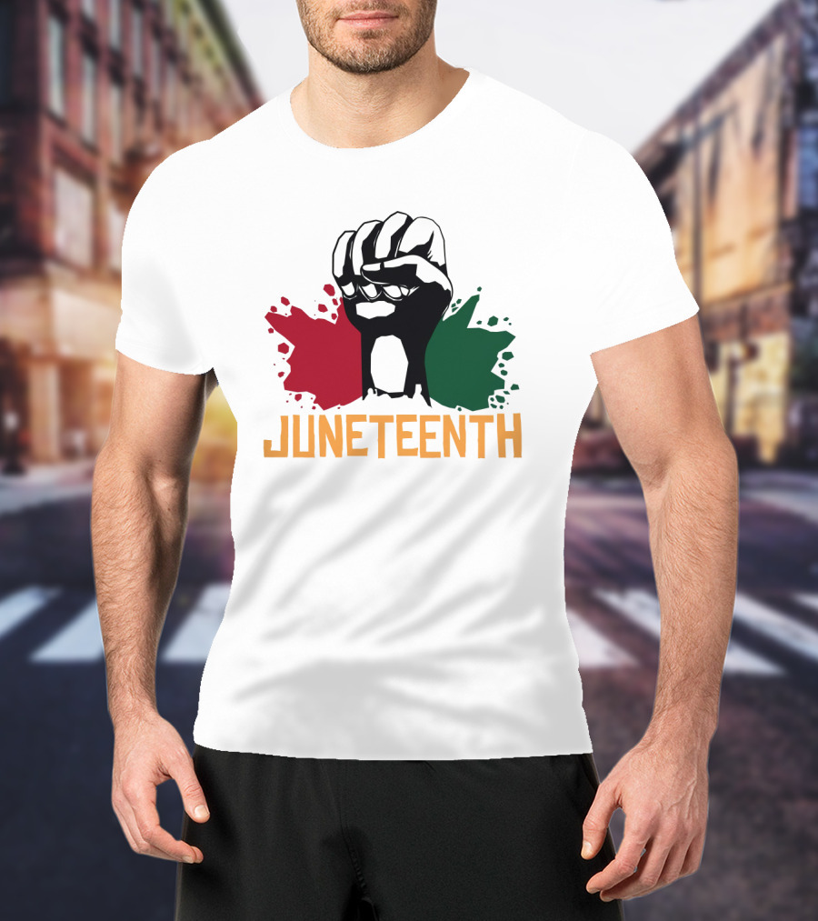 JUNETEENTH Raised Fist With Red Black Green Paint Splashes T-Shirt
