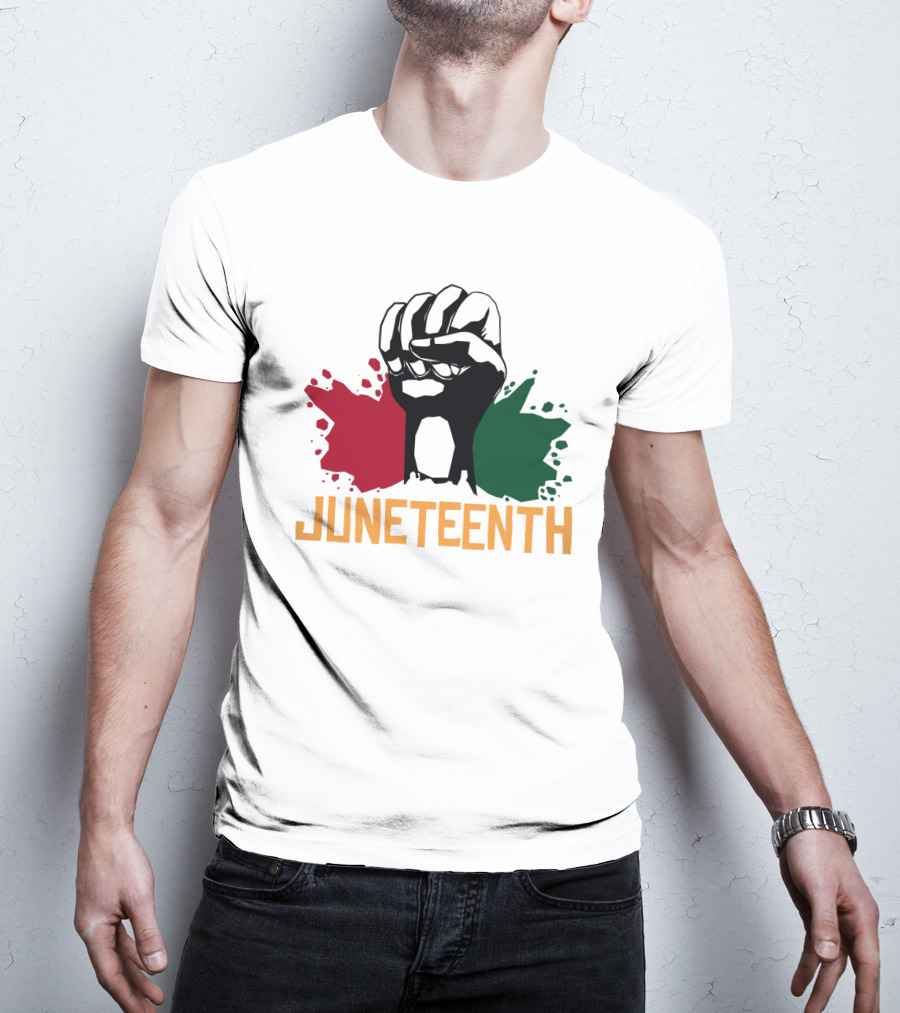 JUNETEENTH Raised Fist With Red Black Green Paint Splashes T-Shirt