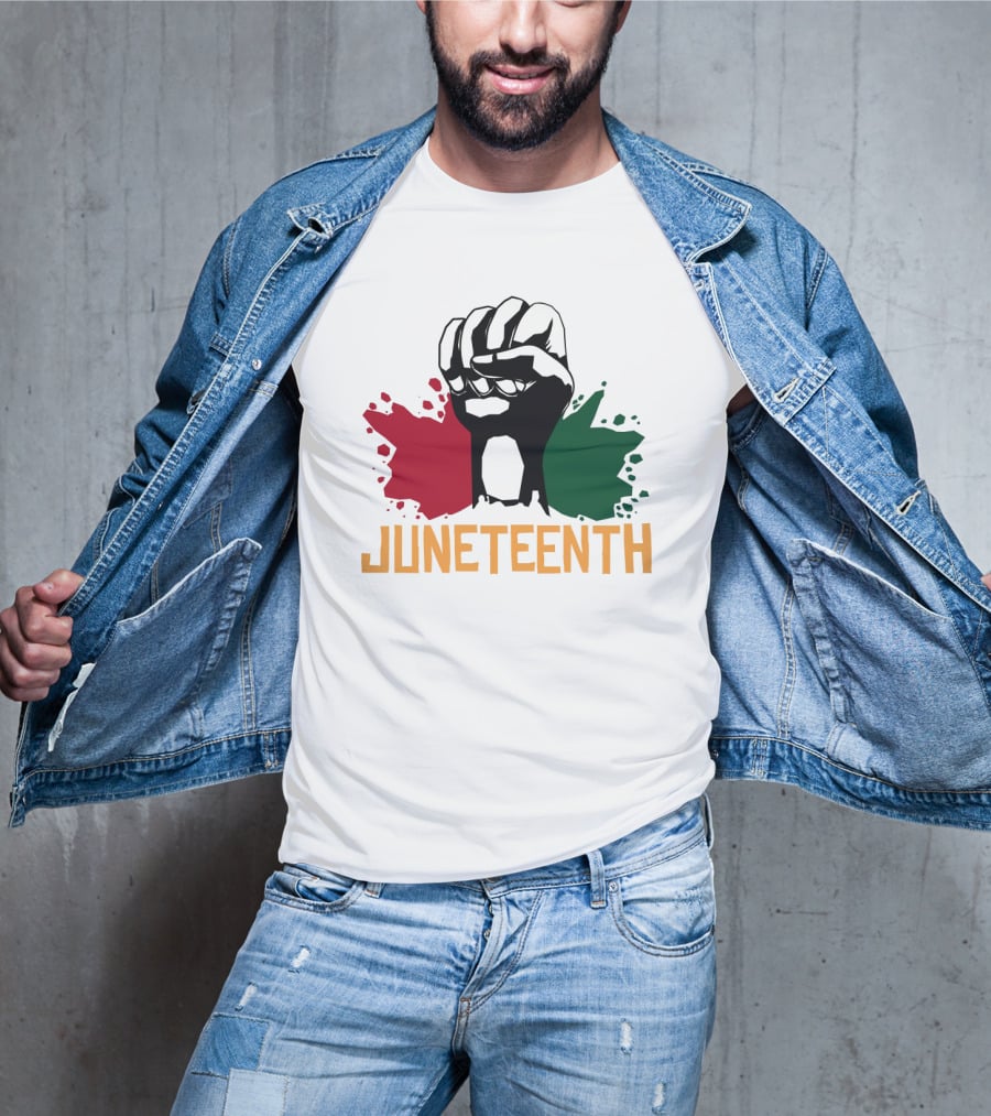 JUNETEENTH Raised Fist With Red Black Green Paint Splashes T-Shirt