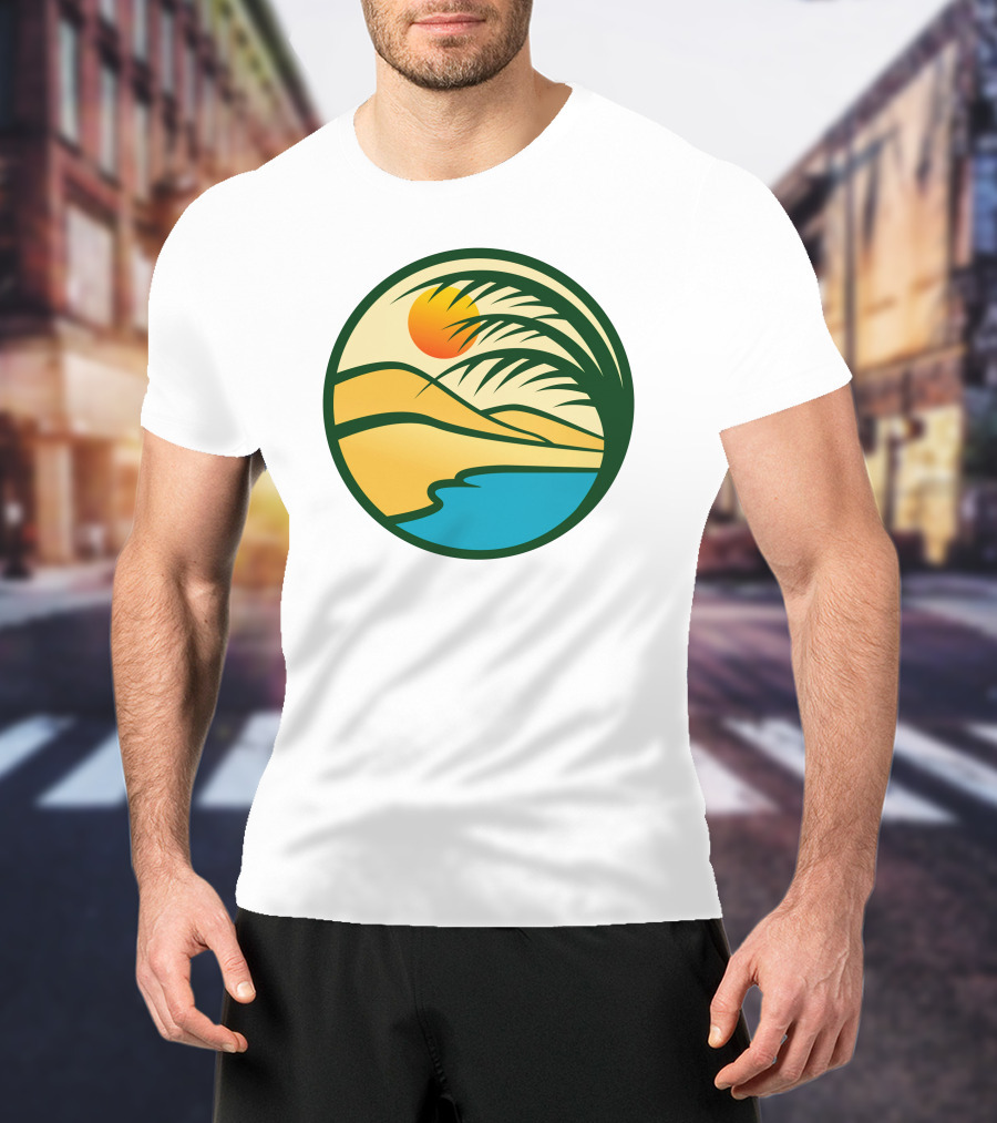Oasis Desert Sunset With Palm And Water Scene T-Shirt