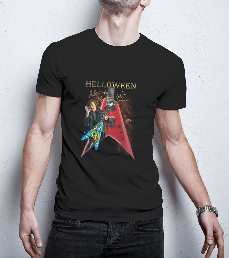 Helloween Signature Guitar With Autographs And Musician Playing Electric Guitar T-Shirt