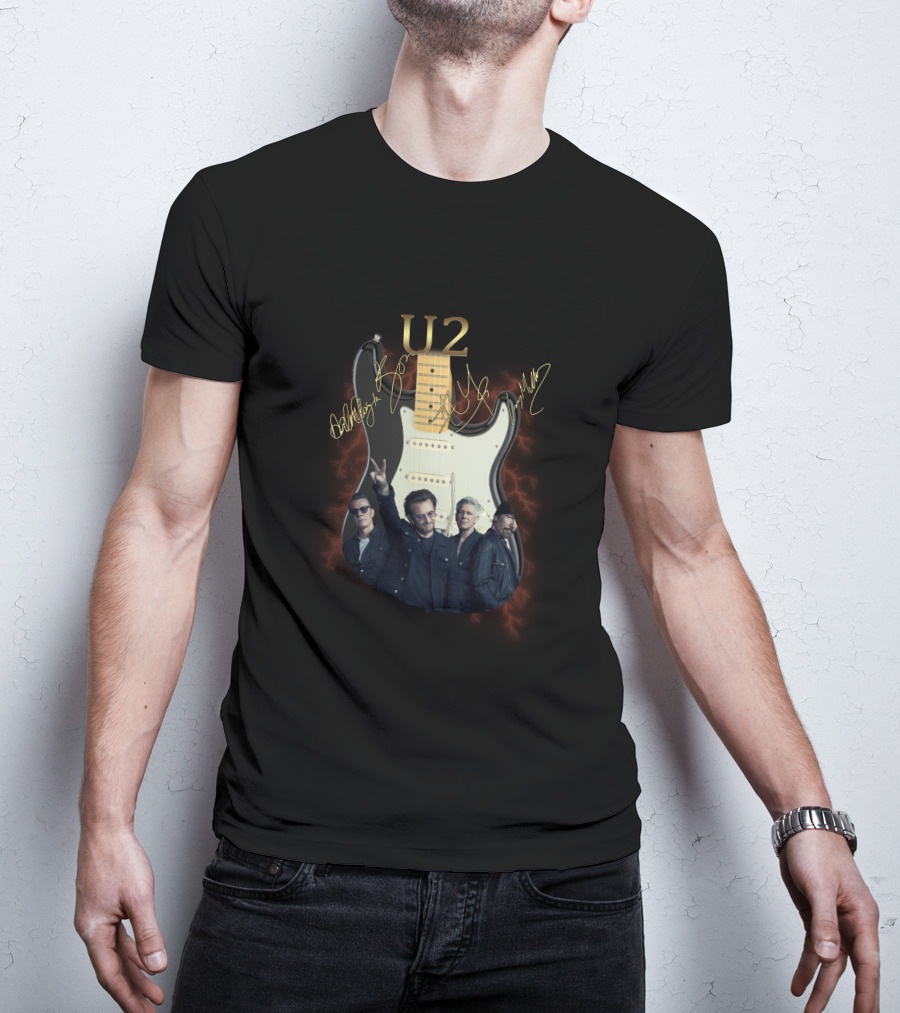 U2 Signed Electric Guitar With Band Image T-Shirt