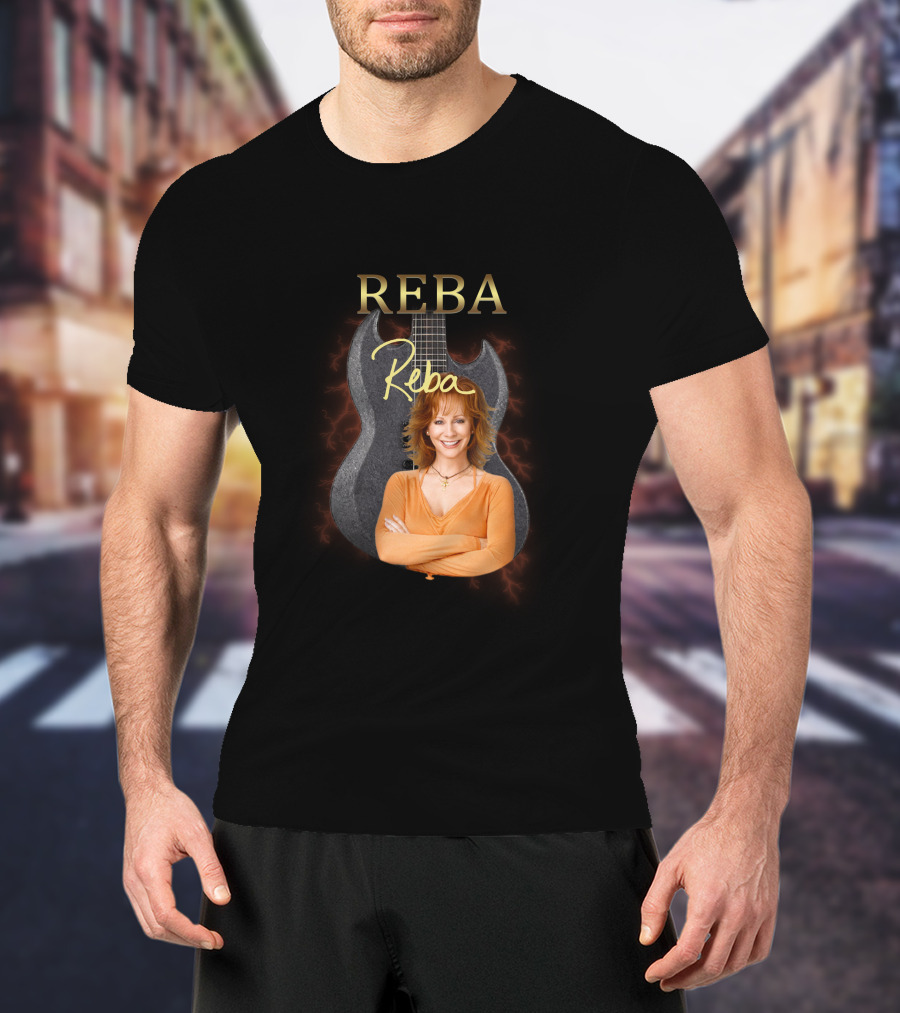 REBA Signature Guitar With Portrait On Black Electric Background T-Shirt