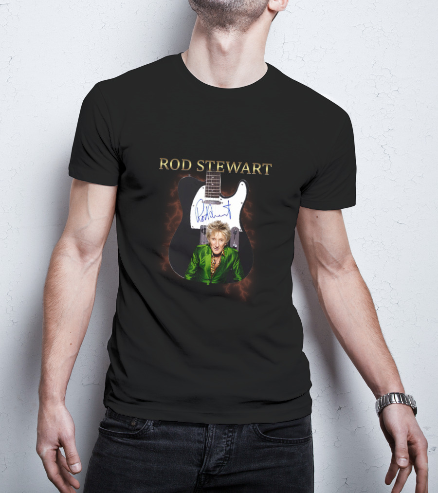 Rod Stewart Signature Guitar Image With Autograph T-Shirt