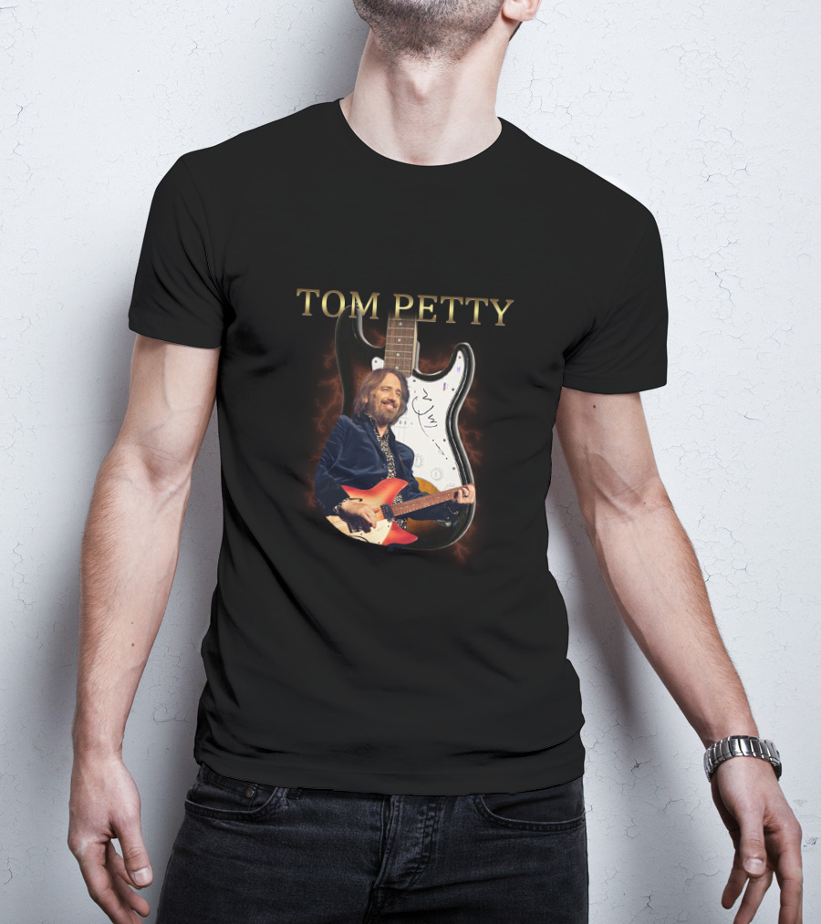 TOM PETTY Signature Guitar Image With Artist Playing Electric Guitar T-Shirt