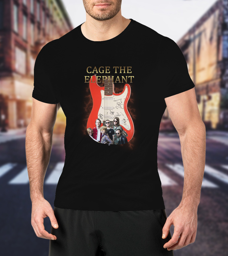 Cage The Elephant Red Electric Guitar Signatures And Band Montage T-Shirt