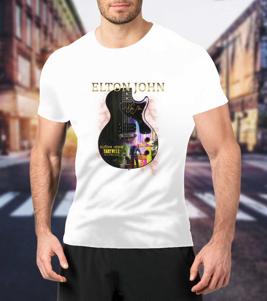 ELTON JOHN Signature Guitar Farewell Yellow Brick Road T-Shirt