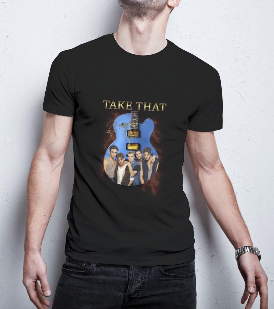 Take That Group Photo With Blue Guitar And Signatures T-Shirt