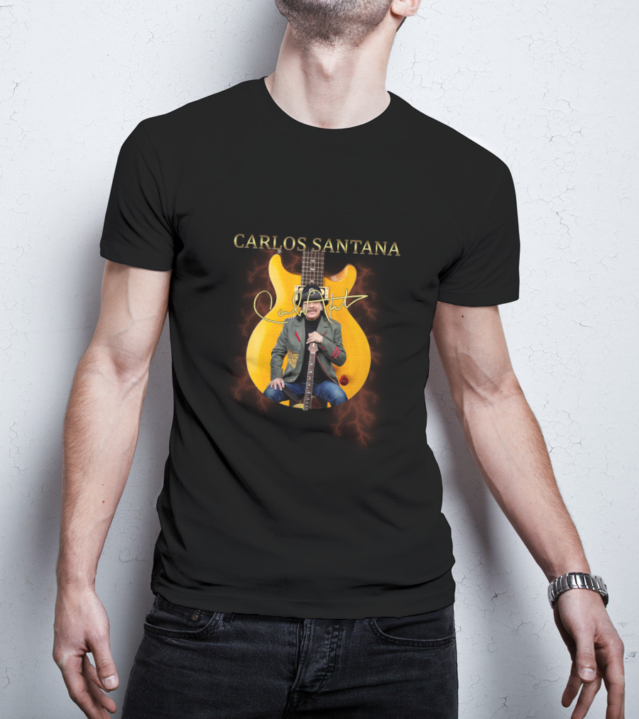 Carlos Santana Signature With Yellow Electric Guitar And Lightning Background T-Shirt