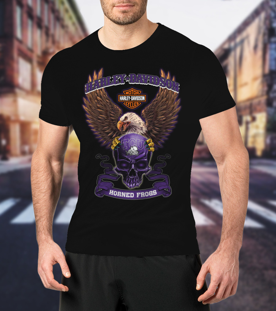 Harley Davidson Motorcycles Tcu Horned Frogs Eagle Skull T-Shirt