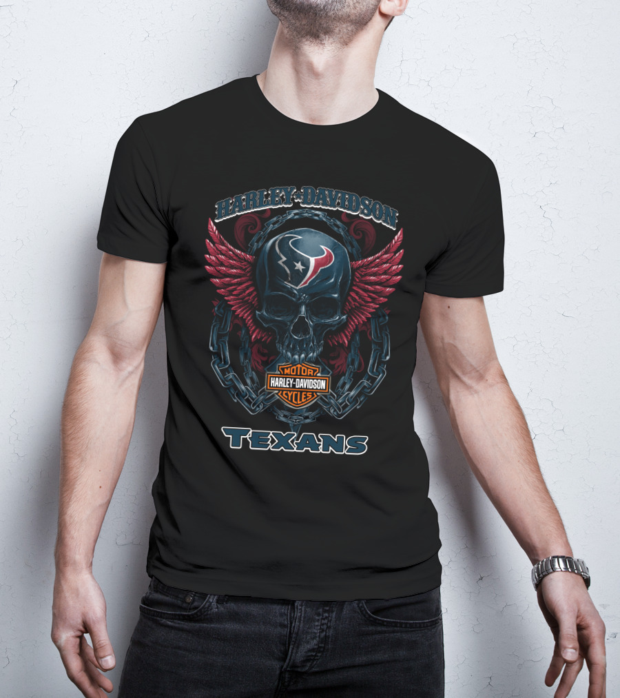 Harley Davidson Motor Cycles Texans Houston Logo Skull With Red Wings T-Shirt