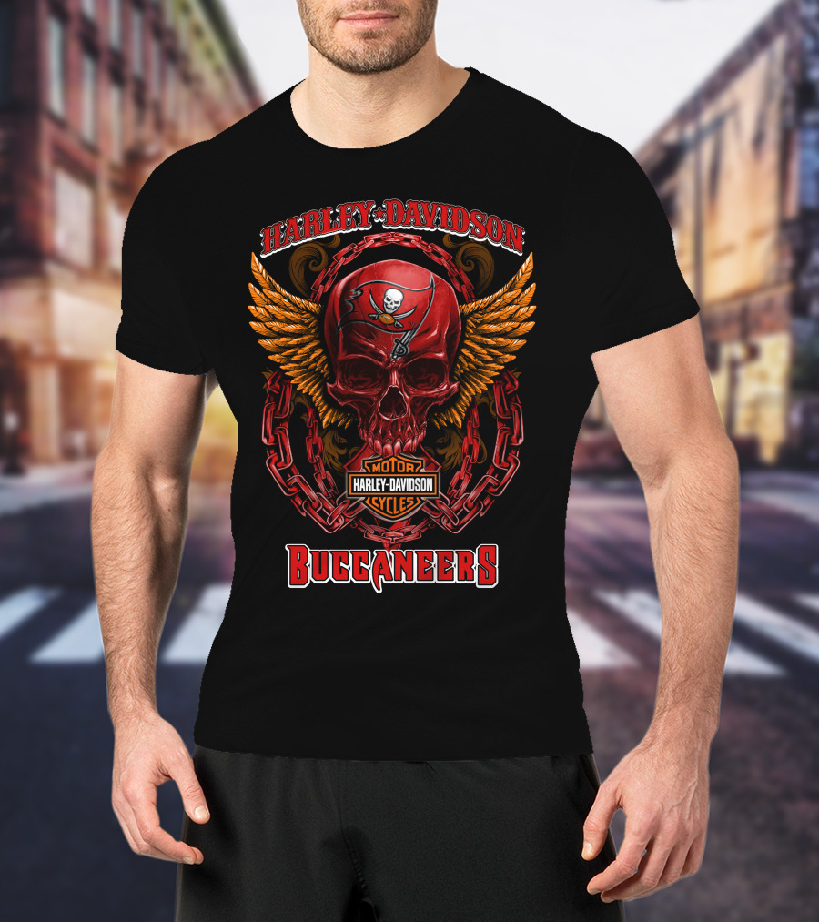 Harley Davidson Motorcycles Buccaneers Skull Logo Wings Chains T-Shirt