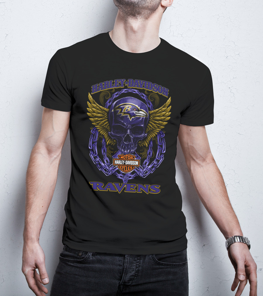Harley Davidson Baltimore Ravens Skull Wing Motor Cycles T-Shirt
