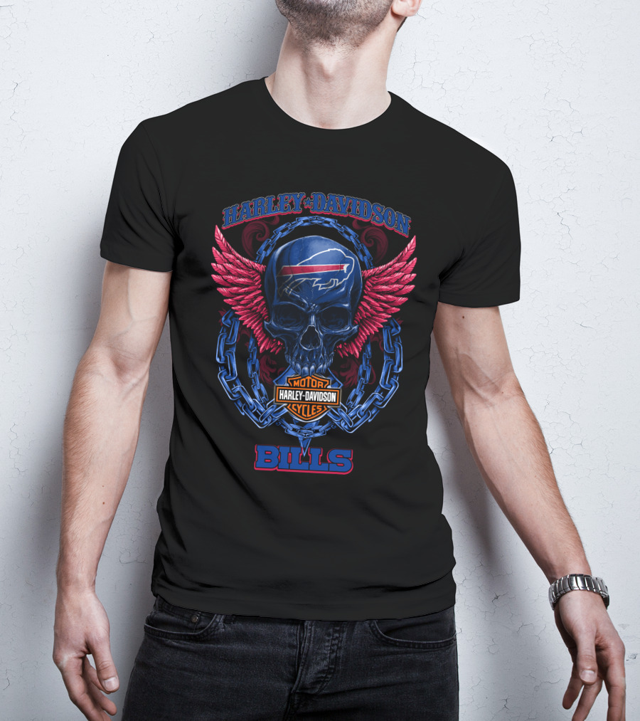 Harley Davidson Buffalo Bills Motor Cycles Skull Wings T-Shirt