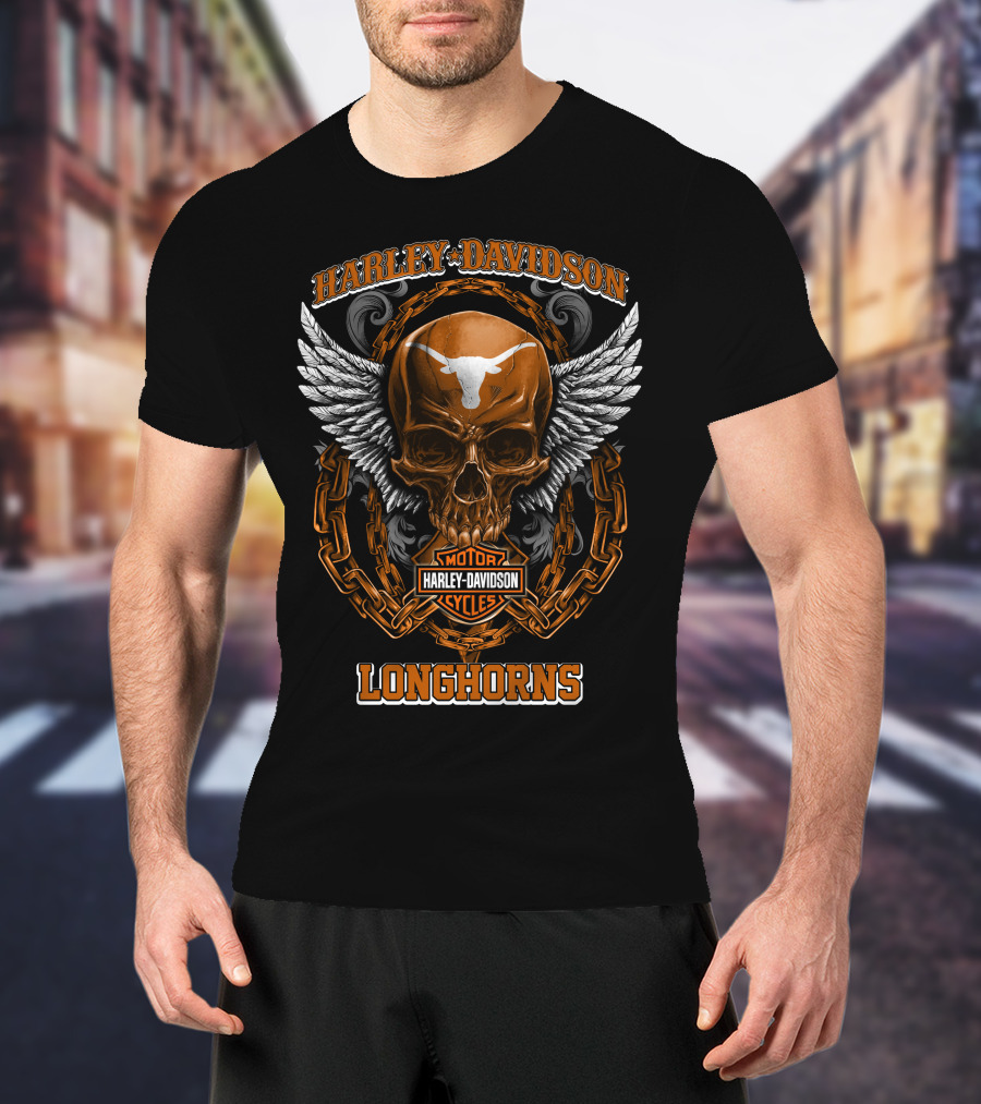 Harley Davidson Longhorns Motorcycles Skull And Wings T-Shirt