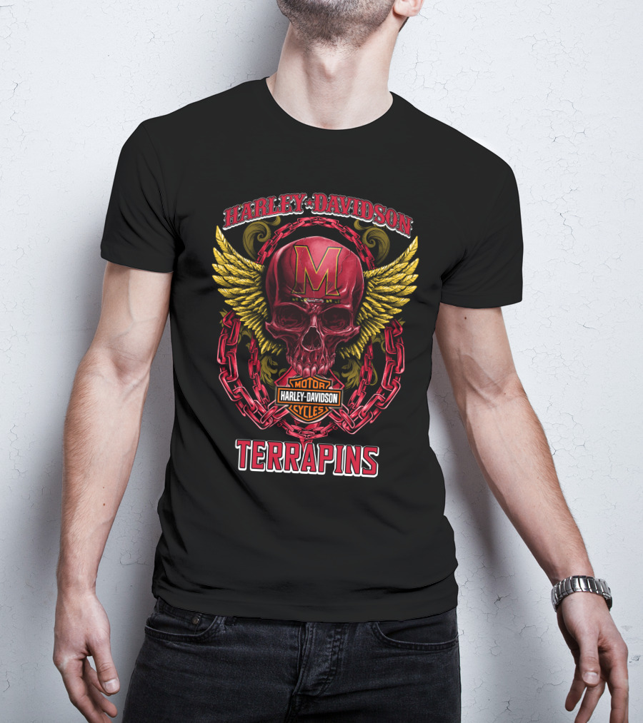 Harley Davidson Motorcycles Maryland Terrapins Skull Wings Chains T-Shirt