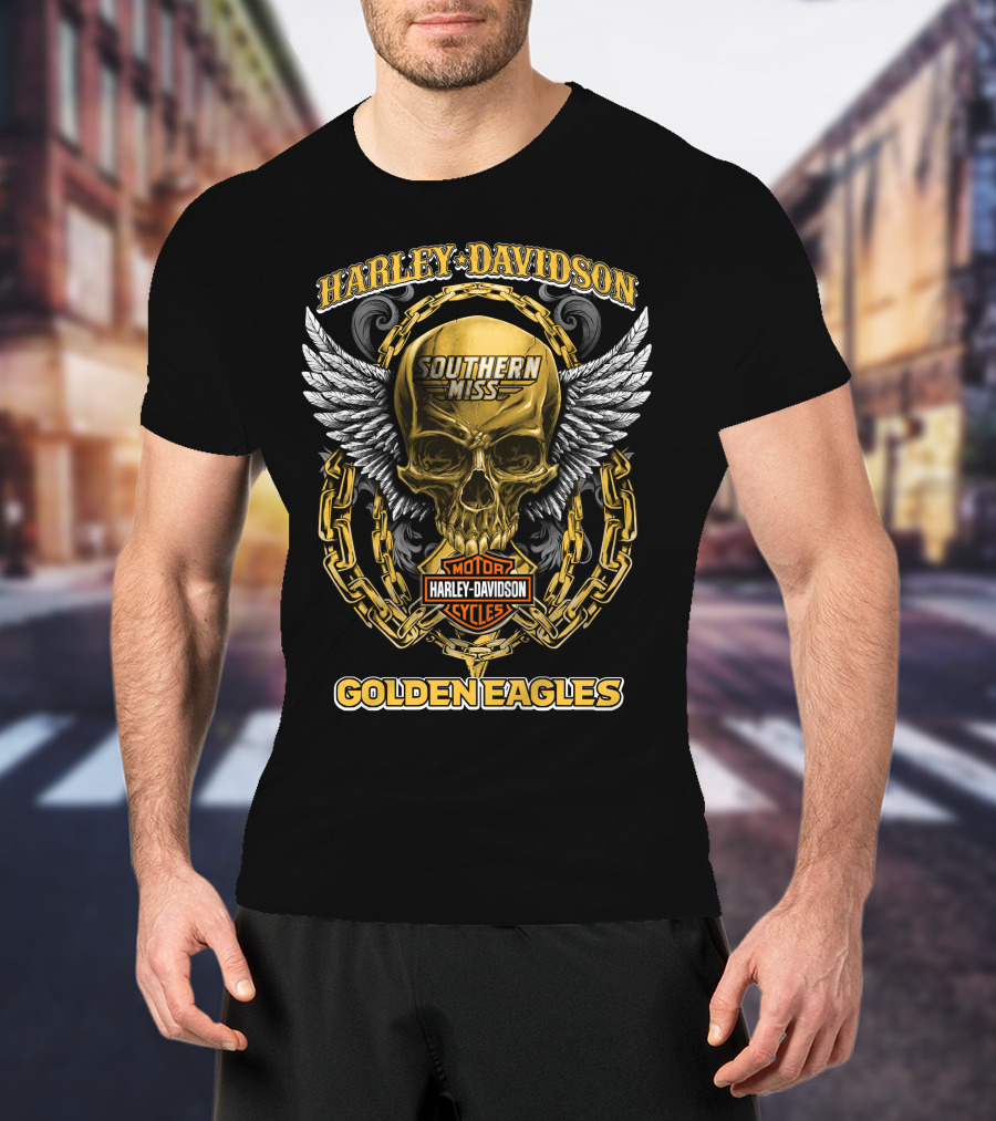 Harley Davidson Southern Miss Golden Eagles Motor Cycles Skull Wings Chains T-Shirt