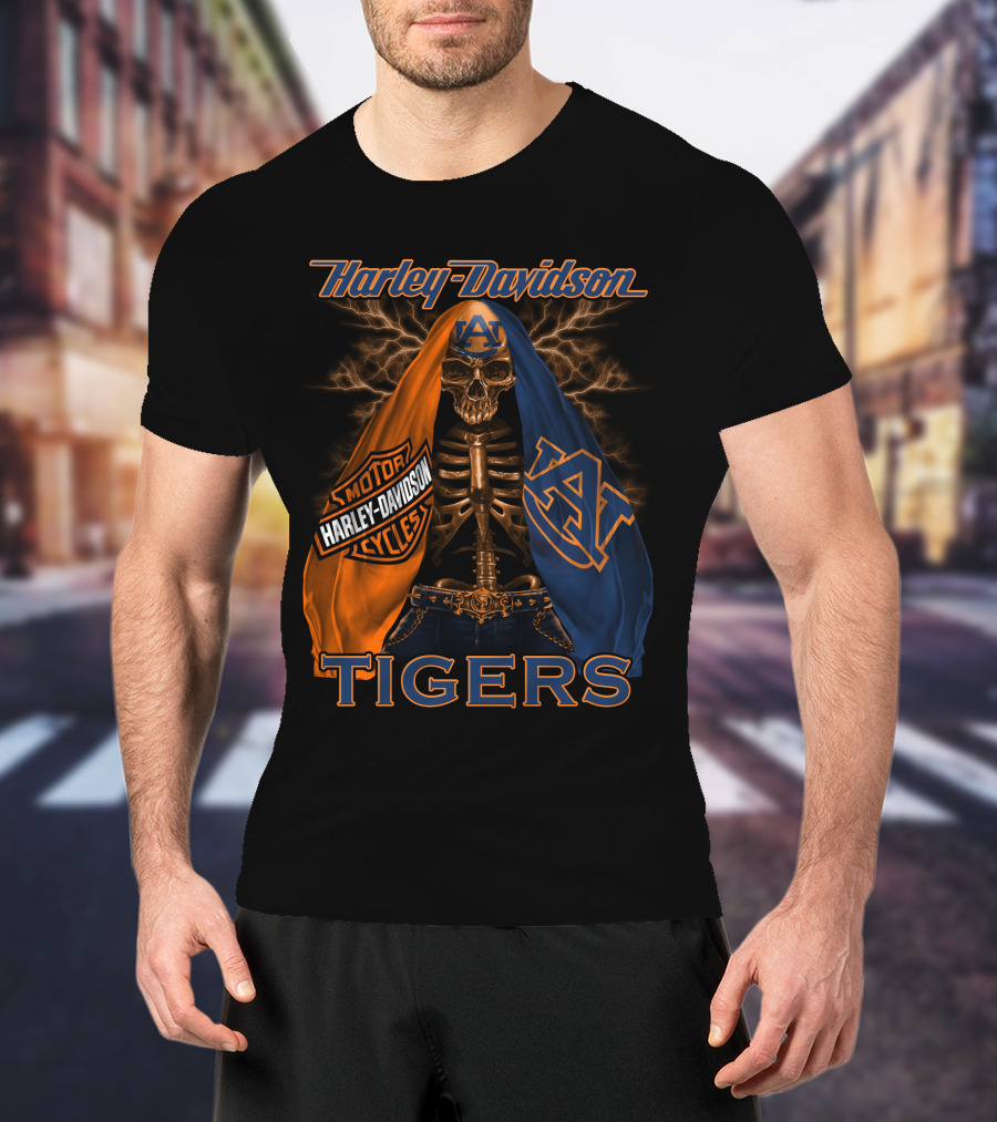 Harley Davidson Auburn Tigers Skeleton Dual Flag T-Shirt