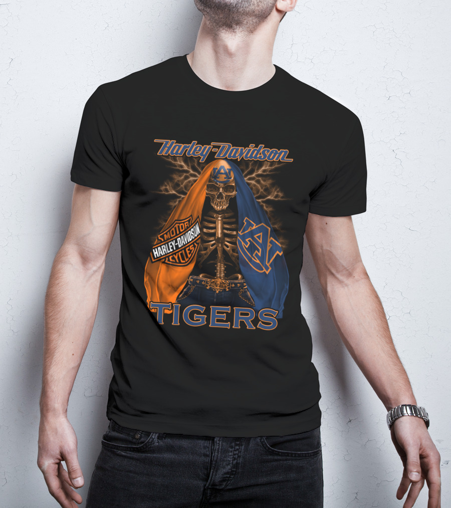 Harley Davidson Auburn Tigers Skeleton Dual Flag T-Shirt