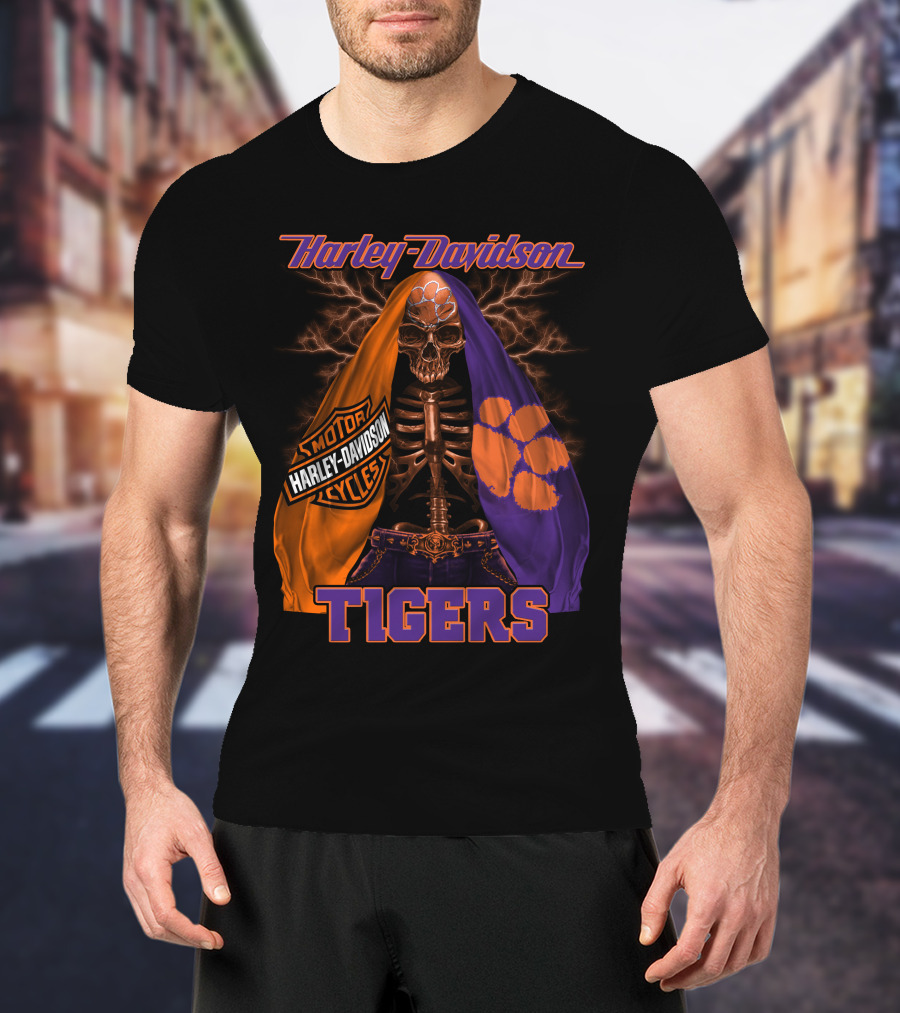 Harley Davidson Motorcycles Clemson Tigers Skull And Lightning T-Shirt