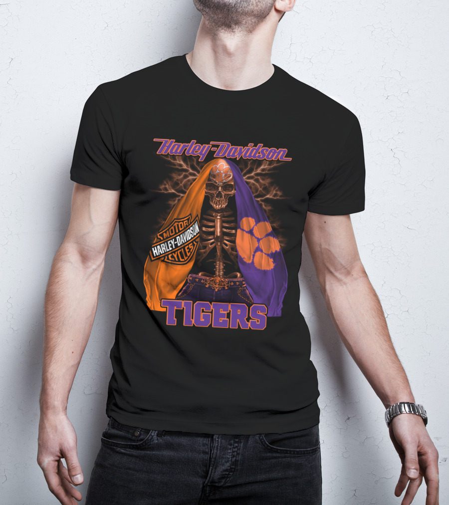 Harley Davidson Motorcycles Clemson Tigers Skull And Lightning T-Shirt