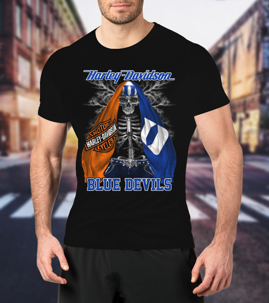 Harley Davidson Blue Devils Skeleton With Motor Cycles And Iconic Scarf T-Shirt