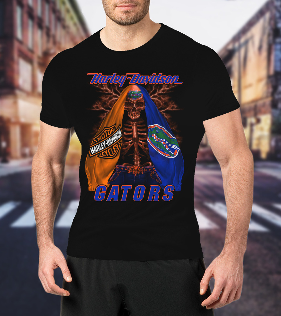 Harley Davidson Motorcycles Florida Gators Skull And Lightning T-Shirt