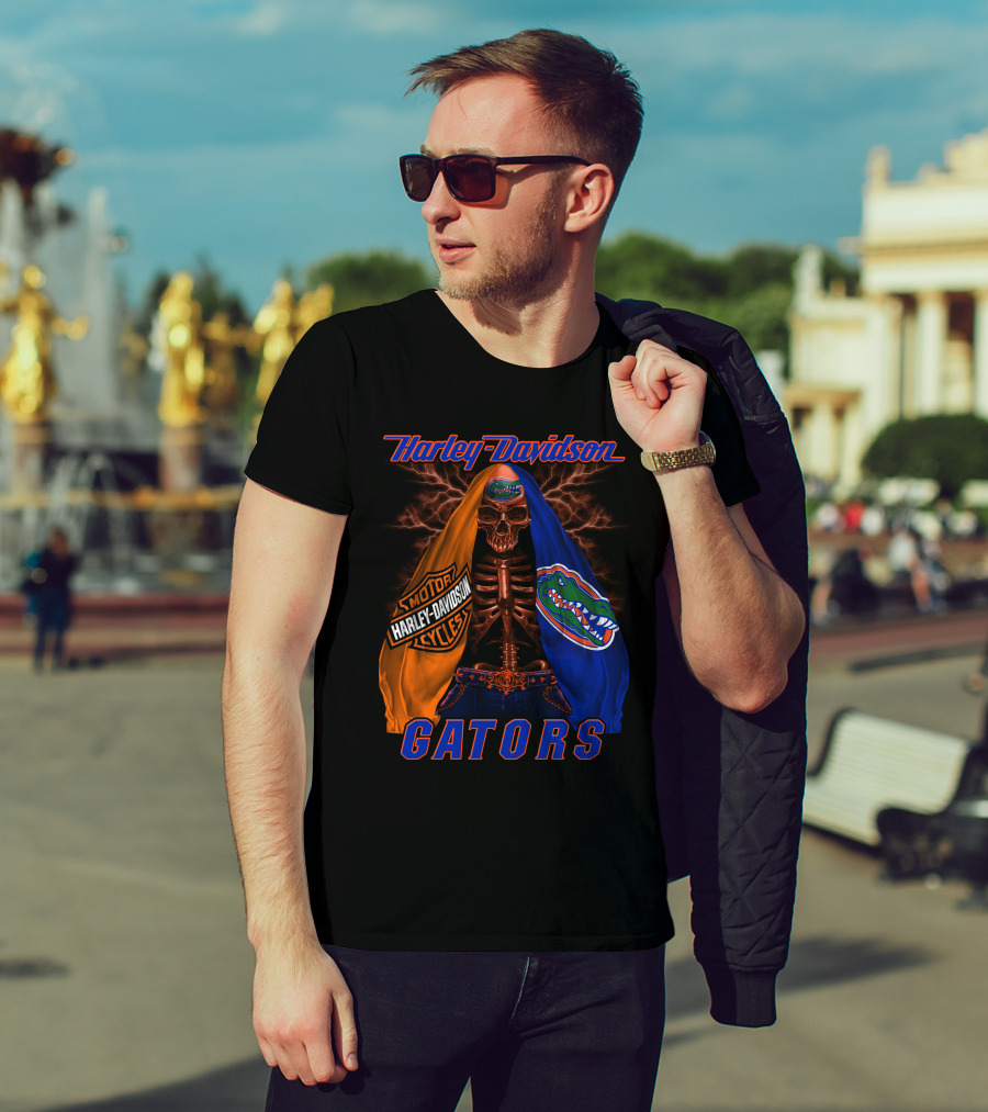 Harley Davidson Motorcycles Florida Gators Skull And Lightning T-Shirt