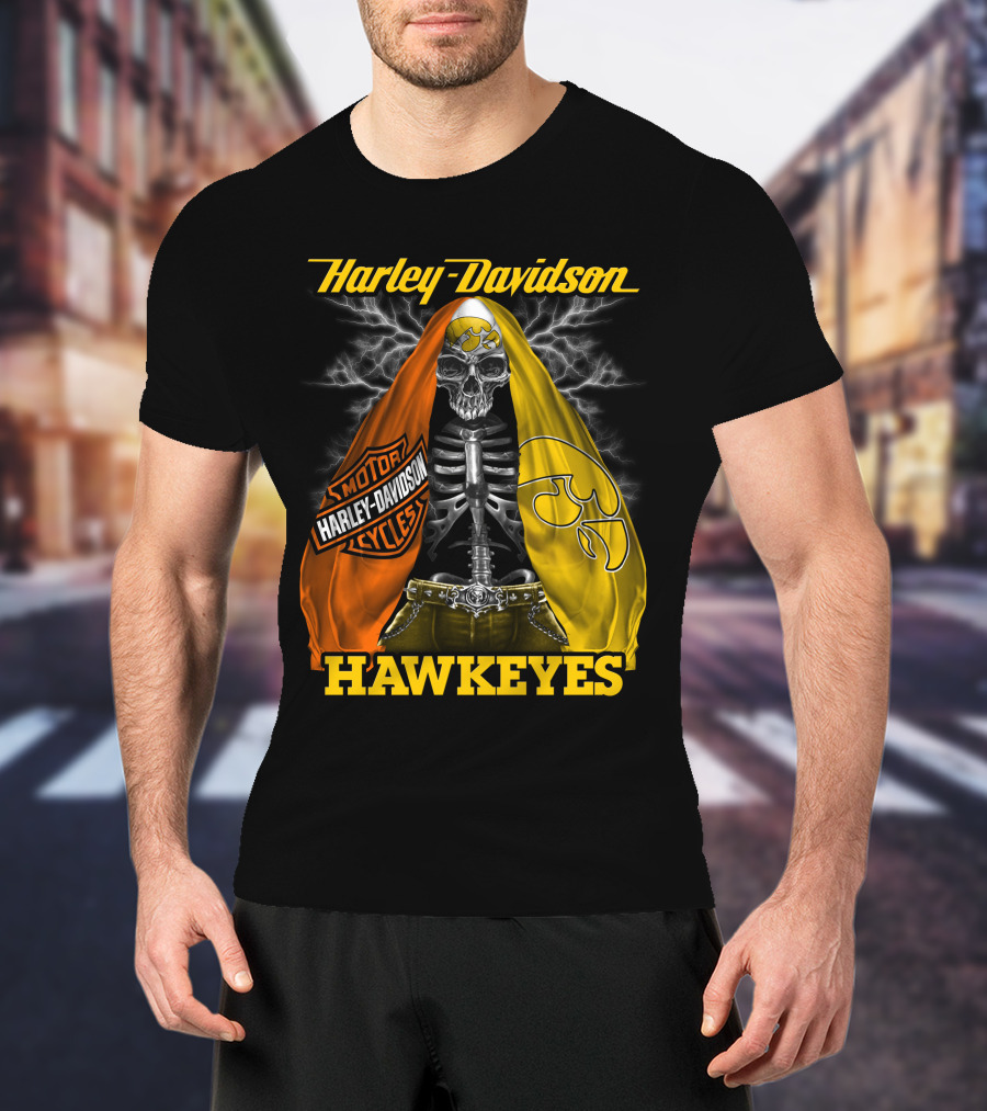 Harley Davidson Iowa Hawkeyes Skull Skeleton With Orange Yellow Flags And Hawkeyes T-Shirt