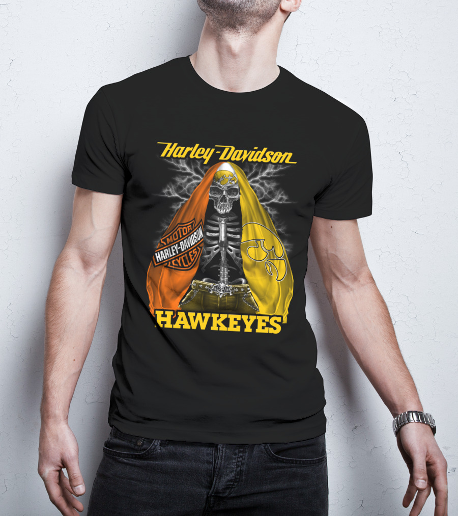 Harley Davidson Iowa Hawkeyes Skull Skeleton With Orange Yellow Flags And Hawkeyes T-Shirt