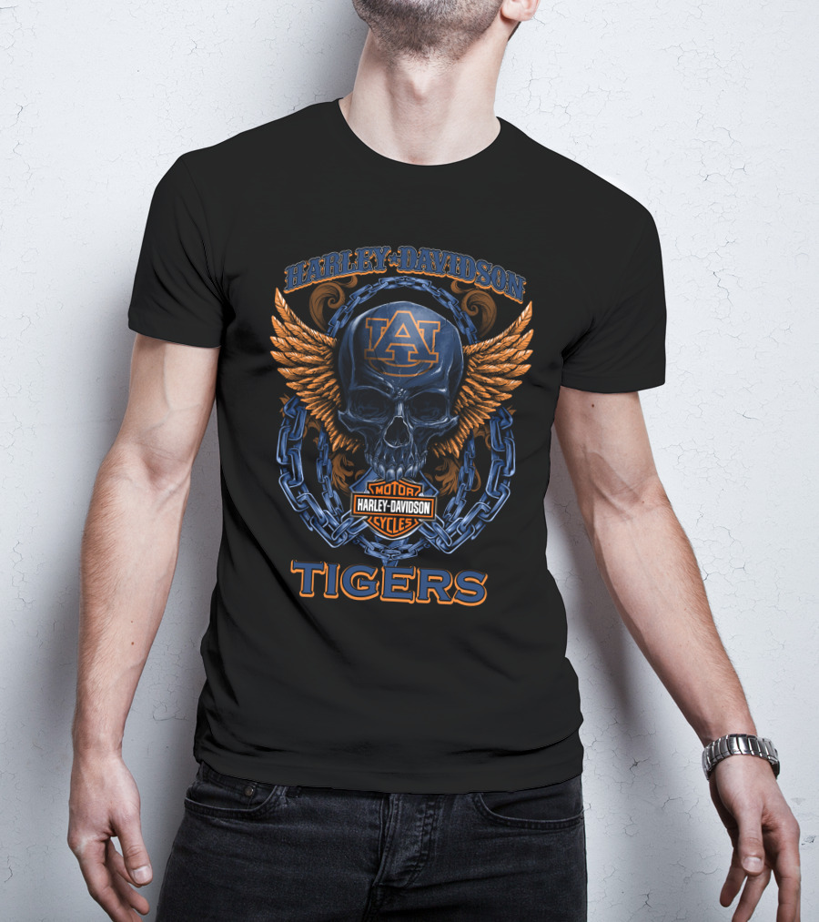 Harley Davidson Auburn Tigers Skull Wings Motor Cycles T-Shirt