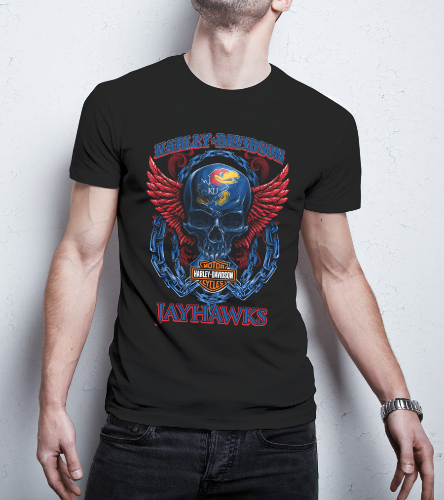 Harley Davidson Ku Jayhawks Skull Wings And Chains T-Shirt