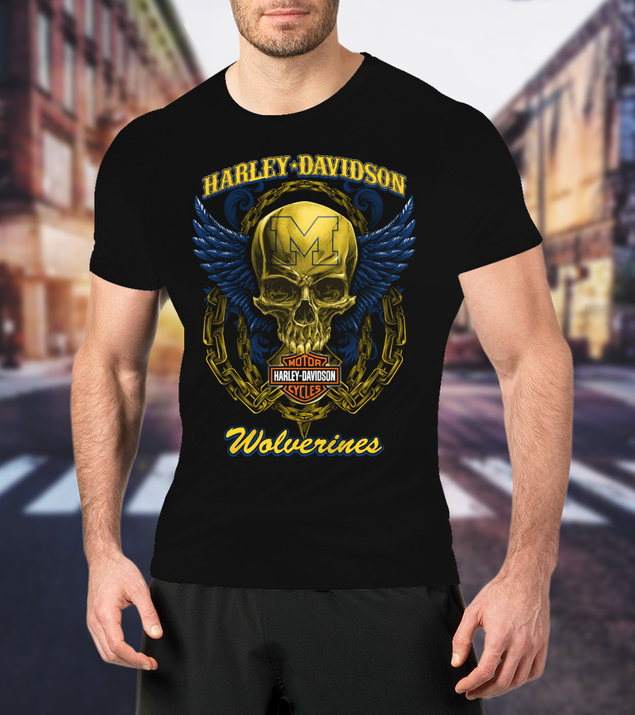 Harley Davidson Michigan Wolverines Skull Logo With Chain And Wings T-Shirt