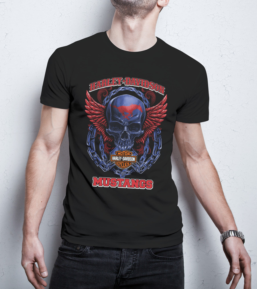 Harley Davidson Mustangs Skull With Wings And Chains T-Shirt