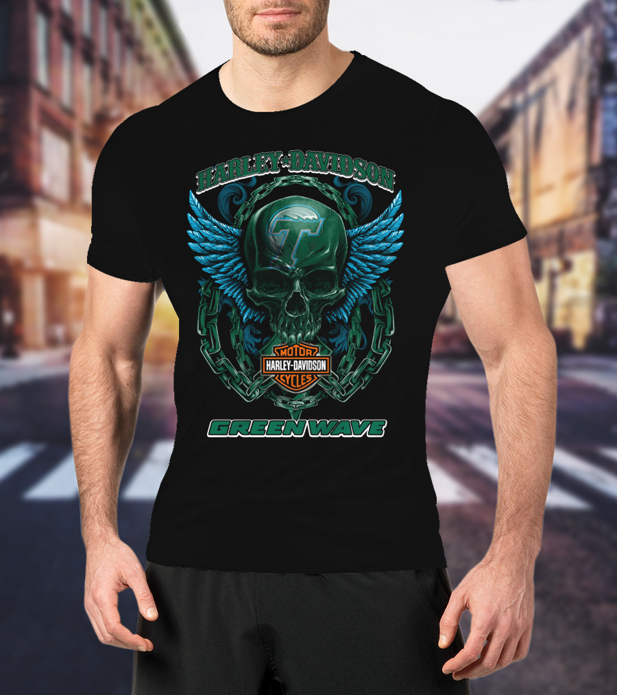 Harley Davidson Motorcycles Tulane Green Wave Skull Wings T-Shirt