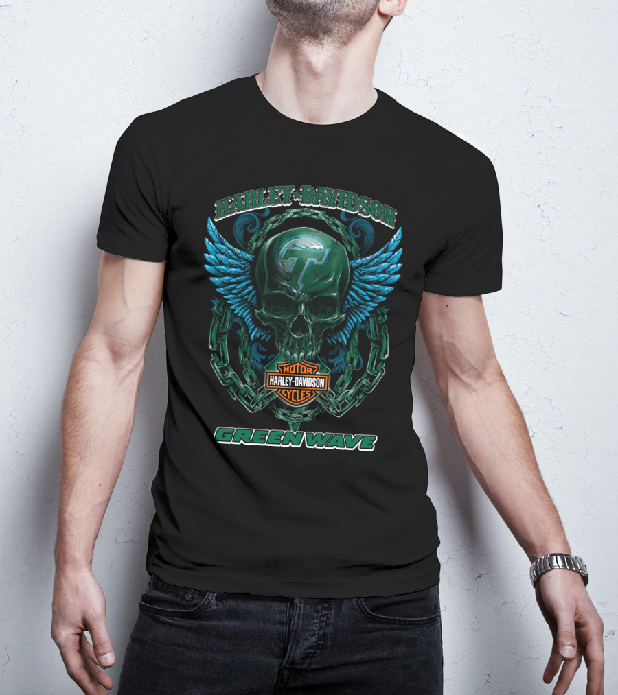 Harley Davidson Motorcycles Tulane Green Wave Skull Wings T-Shirt