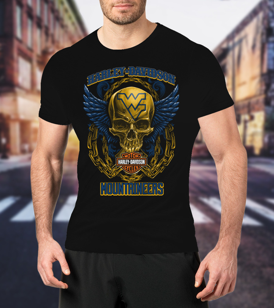 Harley Davidson West Virginia Mountaineers Motorcycles Skull Wings T-Shirt