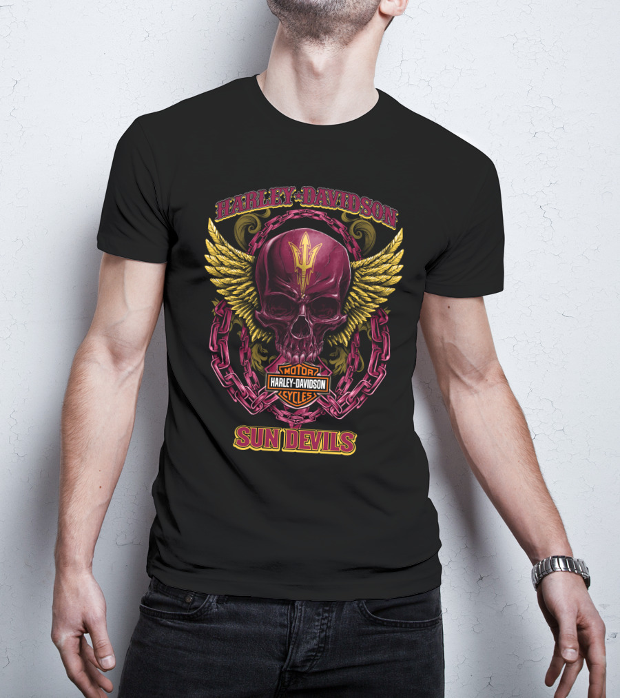 Harley Davidson Arizona State Sun Devils Motorcycles Skull With Wings T-Shirt
