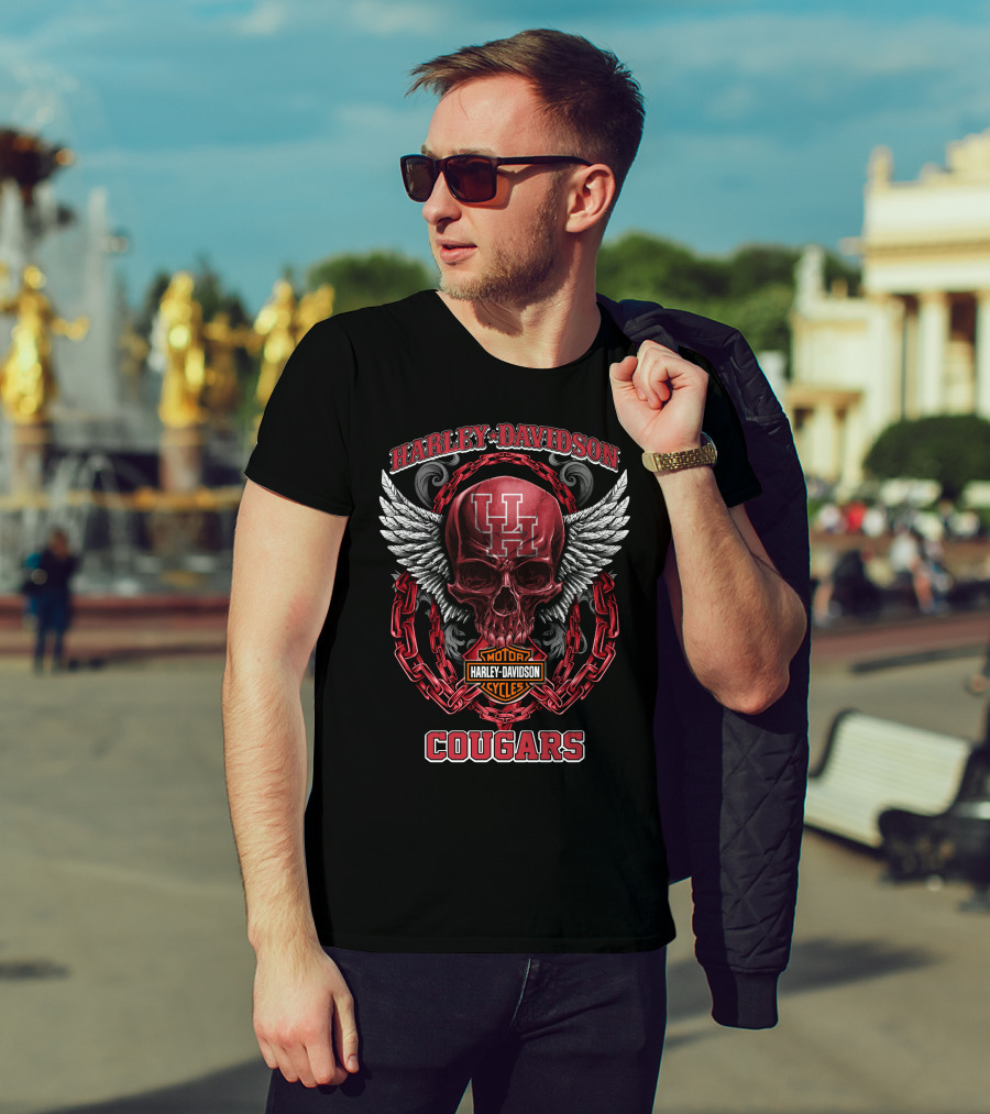 Harley Davidson Houston Cougars Skull With Chains And Wings T-Shirt