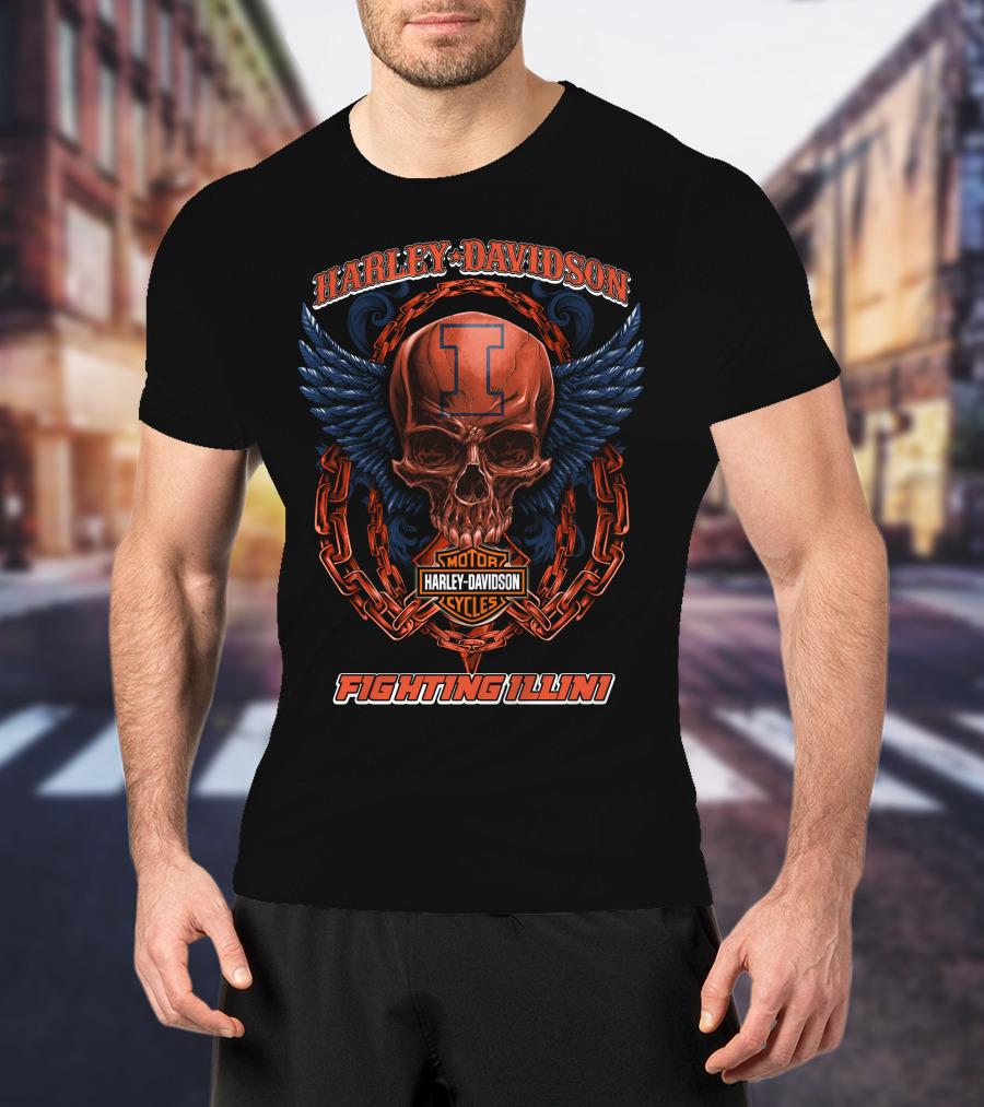 Harley Davidson Illinois Fighting Illini Skull Winged Chain T-Shirt