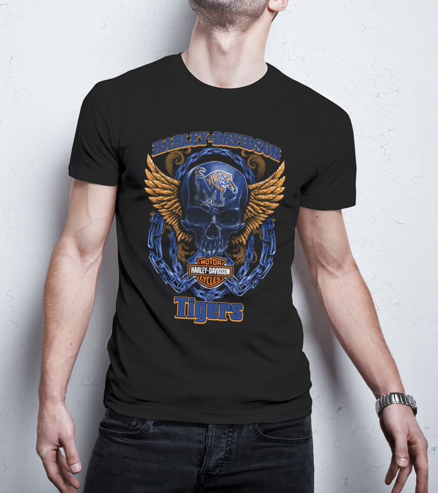 Harley Davidson Memphis Tigers Ncaa3 Skull Wings Chain T-Shirt
