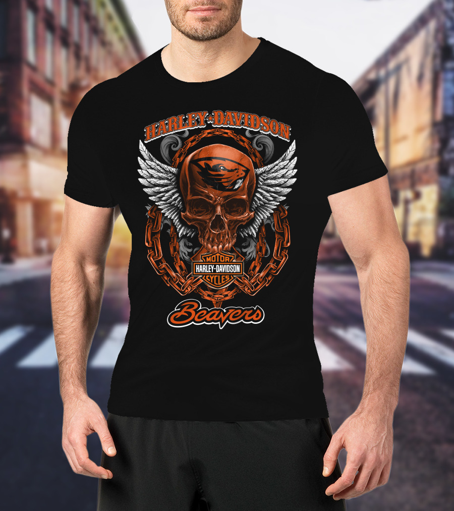 Harley Davidson Oregon State Beavers Skull Motor Cycles T-Shirt