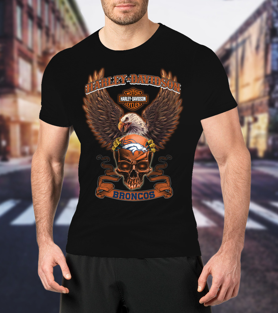 Harley Davidson Motor Cycles Eagle Skull Denver Broncos T-Shirt