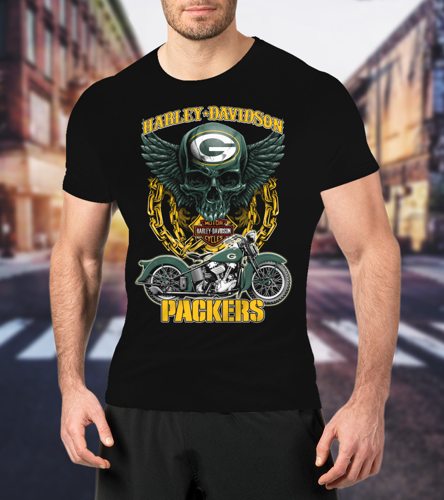 Harley Davidson Green Bay Packers Motorcycle Skull Nfl Packers T-Shirt