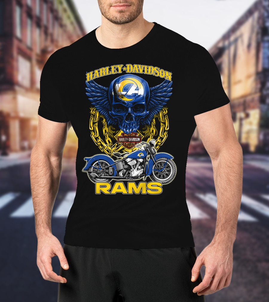 Harley Davidson Los Angeles Rams Nfl Motorcycle Skull T-Shirt