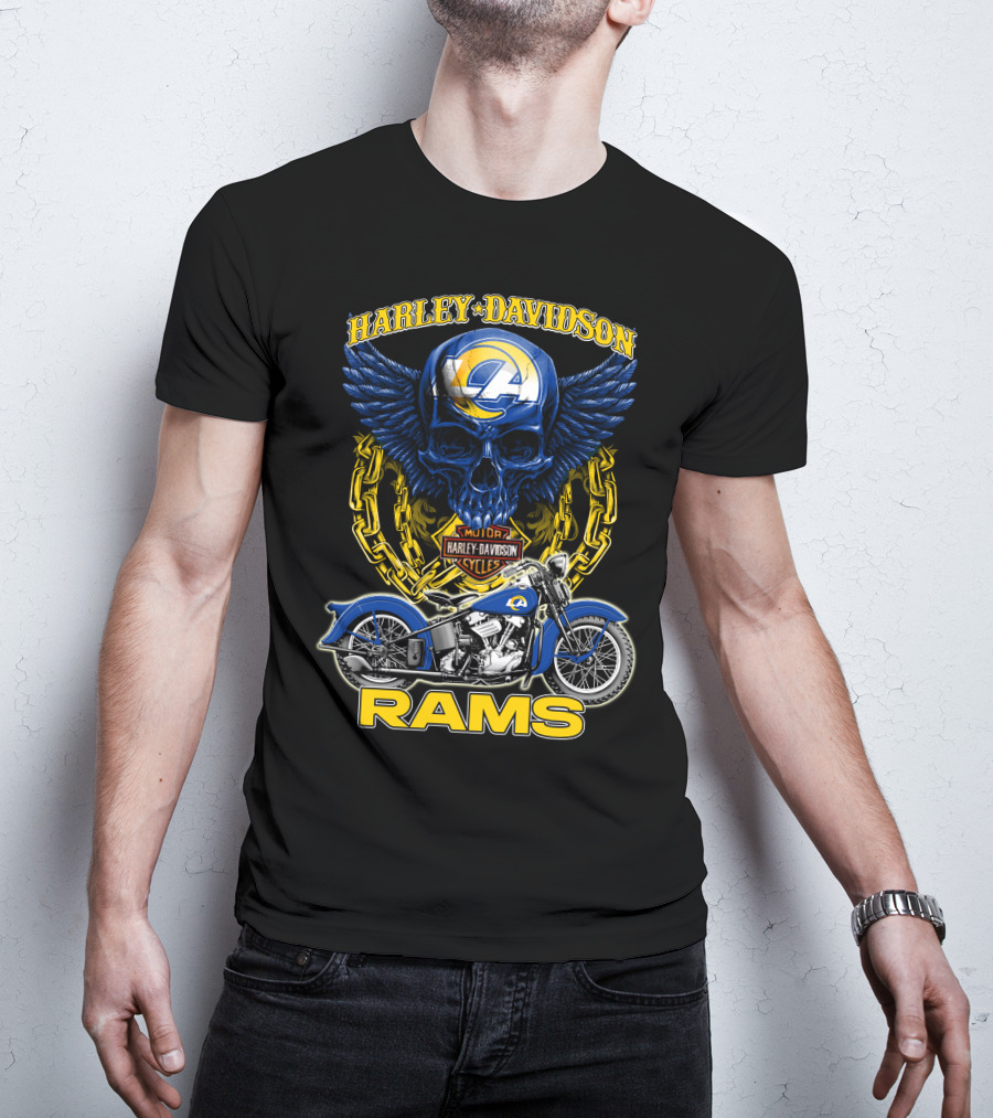 Harley Davidson Los Angeles Rams Nfl Motorcycle Skull T-Shirt