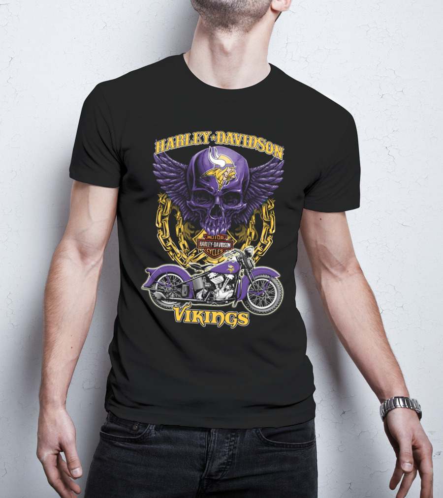 Harley Davidson Minnesota Vikings Nfl Motorcycle Cycles Skull T-Shirt