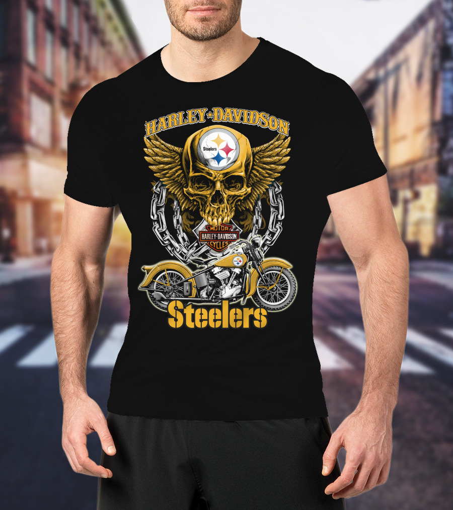 Pittsburgh Steelers Harley Davidson Winged Skull Motorcycle Nfl Hd18 T-Shirt