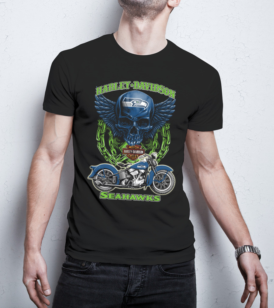 Harley Davidson Motorcycles Skull With Seattle Seahawks Logo And Bike Nfl Hd18 T-Shirt